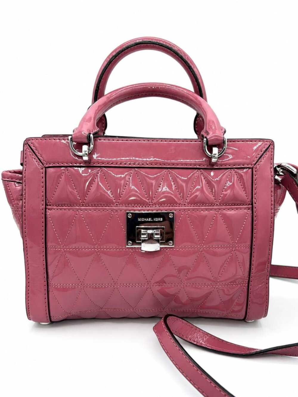 Michael Kors Pink Patent Leather Quilted Satchel Crossbody Bag